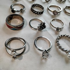Huge Lot Of 35 Silvertone Costume Vintage Rings Various Sizes Mixed