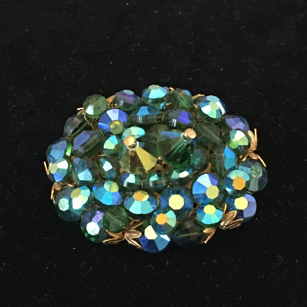 Vintage Brooch AB Crystal / Glass Beads Faceted Heavy Blues & Greens Sparkly