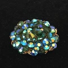 Vintage Brooch AB Crystal / Glass Beads Faceted Heavy Blues & Greens Sparkly