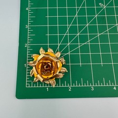 Vintage Yellow Enamel Flower Brooch Dangle Earrings Set Gold Tone Cabbage Rose
