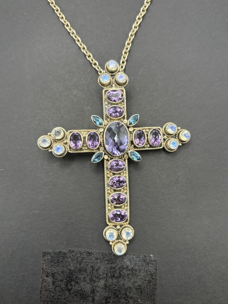 Vintage 20″ Sterling Silver 3.25″ Amethyst Moonstone Cross Necklace 33 Grams F24