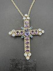 Vintage 20″ Sterling Silver 3.25″ Amethyst Moonstone Cross Necklace 33 Grams F24