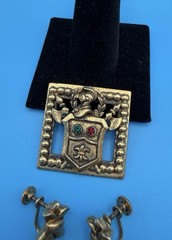 Vintage Barclay Heraldic Brooch & Earrings Set – Gold Tone Shield