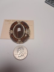 Vintage Two Sisters Medici Amber Tiger Eye Rhinestone Gold Tone Brooch Pin