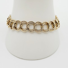 Fancy Double Circular Link Fancy Curb Shiny Gold Tone Vintage Chain Bracelet