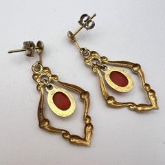 Gilt Sterling Silver 925 Vintage Woman’s Stud Ear Earrings Coral Gemstone Signed