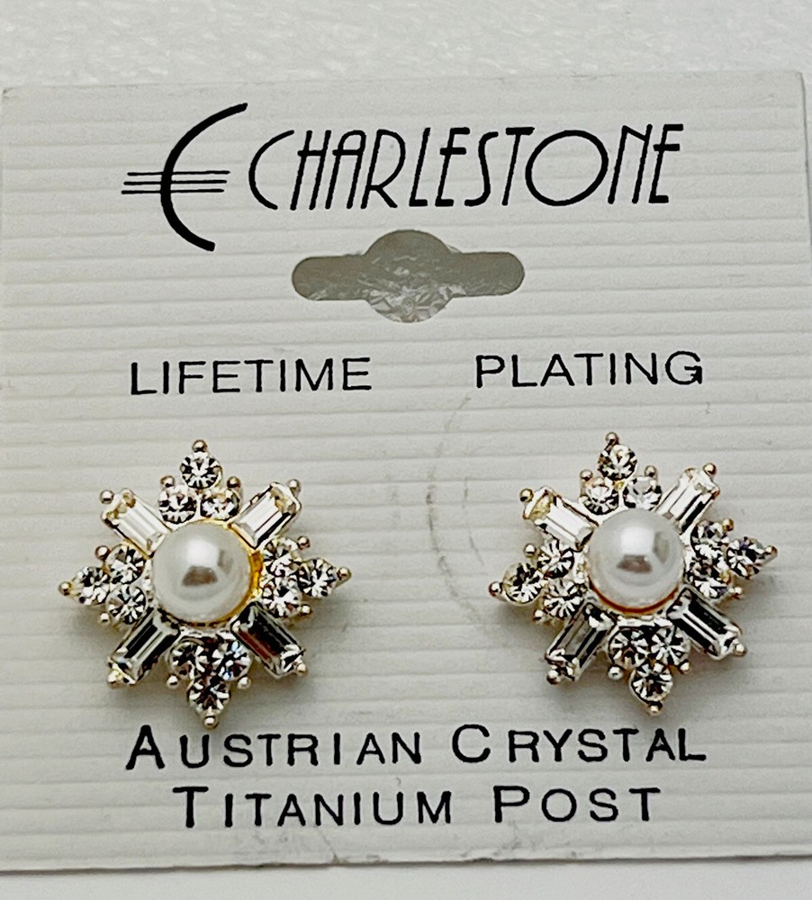 Vintage Charlestone Silver Tone Faux Pearl 32 Crystal Titanium Post Earrings