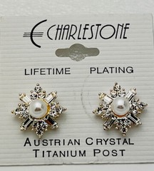 Vintage Charlestone Silver Tone Faux Pearl 32 Crystal Titanium Post Earrings