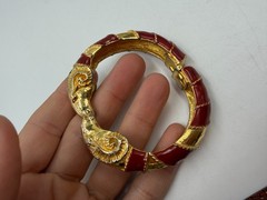 Vintage Les Bernard Bracelet Red Enamel Rams Head Hinged PLATING WEAR 6 inches