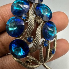 Vintage Watermelon Peacock Rivoli Rhinestone Brooch Silver Tone Blue Statement