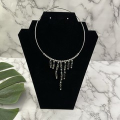 Vintage Y2k Silver Black Choker Necklace Floral Clay Beads Metal Ring Bib