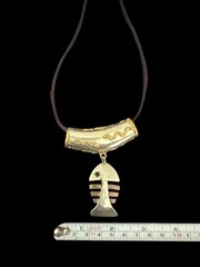 Vintage Fish Skeleton Pendant Slide Necklace Mixed Metal Mid Century On Silk
