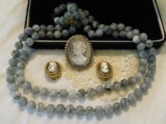 Vintage Carved Abalone Cameo Agate Beaded Necklace Brooch and Earrings Set