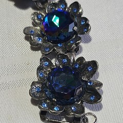 Signed Judy Lee Bracelet & Errings Blue Rhinestones Aurora Borealis Vintage