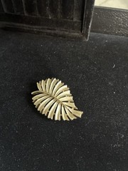 Vintage Gold And White Enamel Leaf Brooch Pin Signed JJ