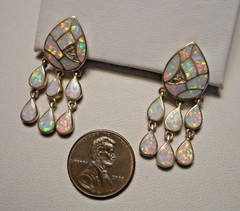 Beautiful Sterling & Opal Mosaic Pierced Earrings w Triple Drops post style