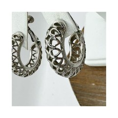 Vintage silver tone chunky hoop earrings with open cut outs hinged clip on