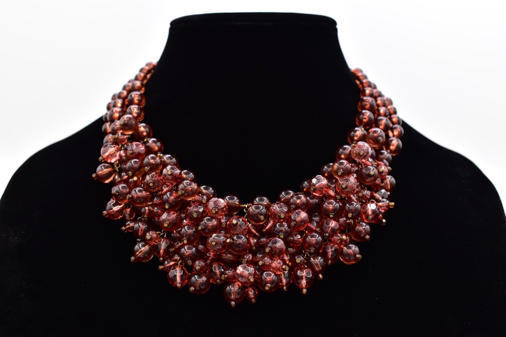Yosca Vintage Amber Lucite Bead Cluster Statement Necklace Bib Signed 80s Bin3B