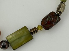 Handcrafted Beaded Bracelet Toggle Clasp Green Brown Yellow Glass Stone