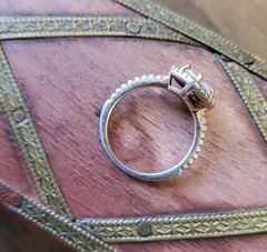 Vtg Gold Tone Engagement Ring, Clear Stone Halo Setting Pave Band, Size 4.25