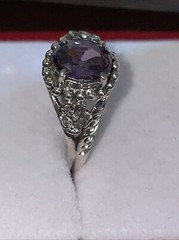 Oval Simulated Purple Amethyst & Sterling Silver Ring Flowers on Sides Size 8
