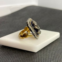 Stunning 1.35Ctw Genuine Old Mine Rose Cut Diamond Enamel Silver Victorian Ring