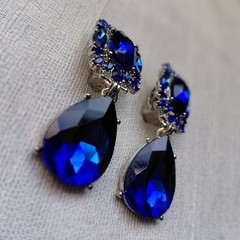 Vintage Style Cobalt Blue Teardrop Dangle Clip-On Earrings Statement Retro