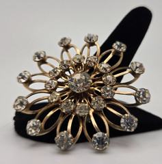 Large Gold Tone Starburst Rhinestone Brooch Clear Crystal Statement Pin Unsigned