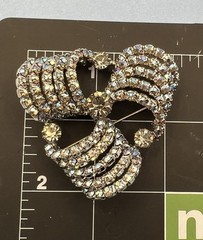 Aurora Borealis Ribbon Rhinestone Brooch Clip Earrings Set Unsigned Silver Tone