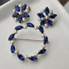 Vintage B. David Brooch & Clip Earrings Set Blue Navette Rhinestone & Faux Pearl