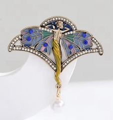Art Nouveau Cloisonné Winged Fairy Brooch with Rhinestones, Pin Design