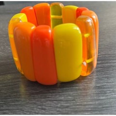 Vintage 1960s Orange Yellow Lucite 2″ Wide Stretchy Bangle Bracelet Retro