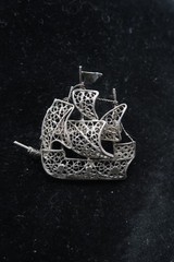 Vtg Brooch Pin Silver 800 Filigree Galleon Masted Ship Brooch Exquisite Detail