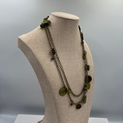 Green Beaded Charm Necklace Double Strand Antique Brass Tone Dangle Disc Boho