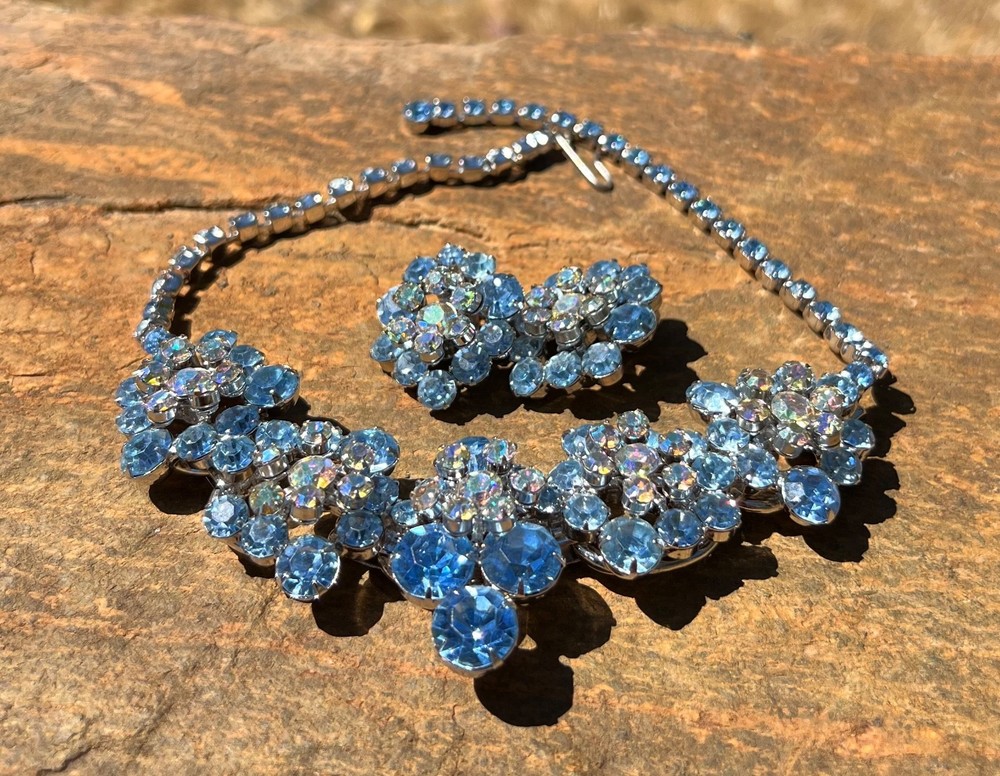 JULIANA DELIZZA ELSTER LINK NECKLACE CLIP EARRINGS SET BLUE RHINESTONES VINTAGE