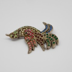 Vintage Pot Metal Brooch Large Bird Figural Pin Multicolor Rhinestones 2.6″