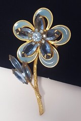 Vintage Blue Glass Rhinestone Enamel Flower Brooch Marquise Round Gold Tone Pin