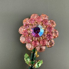 Vintage Judy Lee Rhinestone Flower Brooch Shades of AB Pink Green Long Stem READ