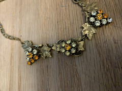 Vintage Unsigned Rhinestone Grape Cluster & Leaves Necklace