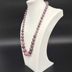 Vintage Graduated Lepidolite Stone Beaded Necklace, Barrel Closure, Knotted