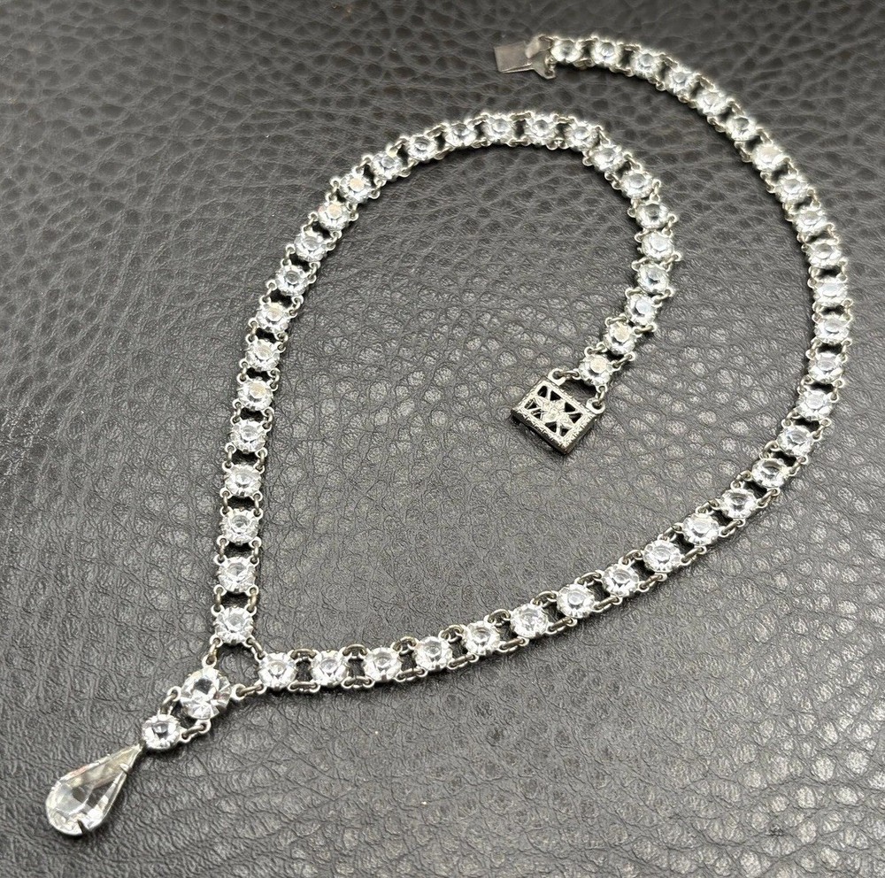 Vintage Art Deco Open Back Crystal Tennis Necklace Silver Tone Y Drop Choker