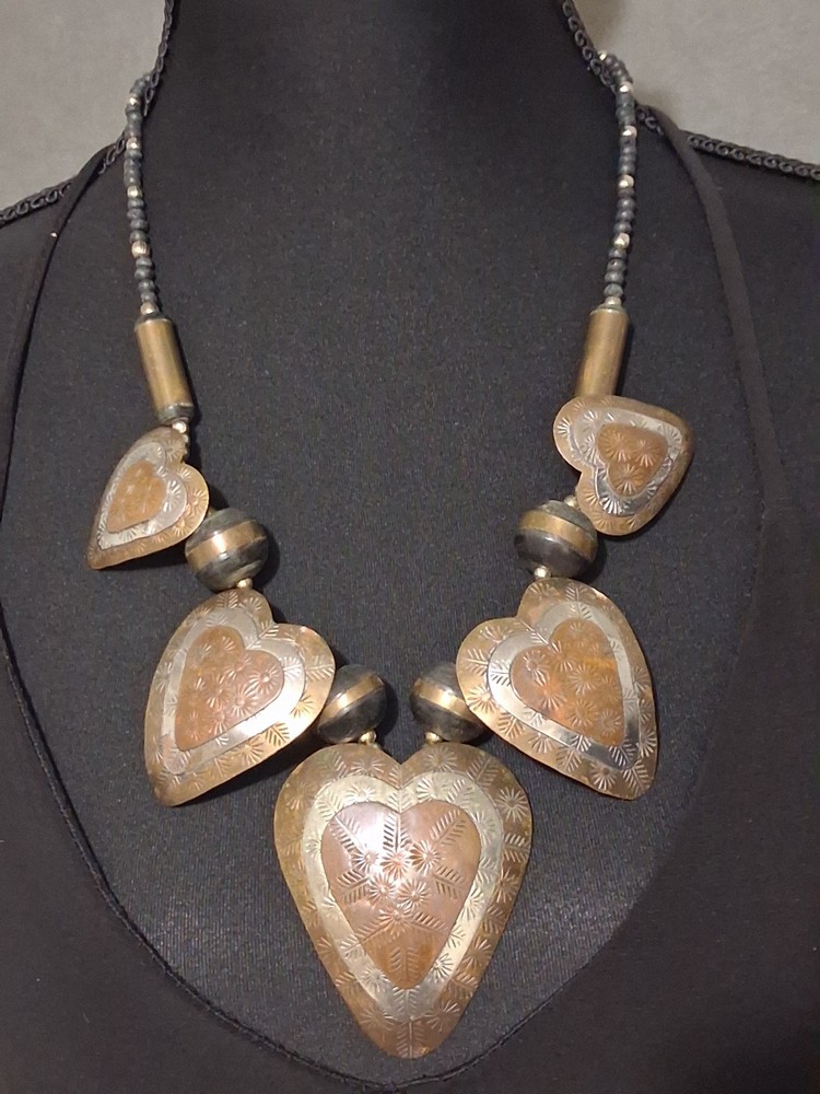 Vintage Hammered Copper And Brass Graduated Hearts/ Beads Statement Necklace