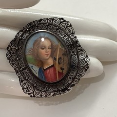 Antique European 800 Silver Filigree Madonna Mini Portrait Brooch Pin Pendant