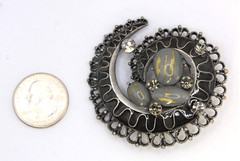 Vintage Gray Rhinestone Metal Swirl Cabochon Brooch Pin