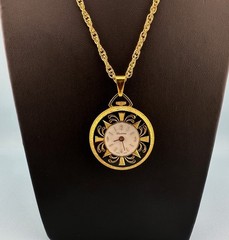 Vintage Lucerne Watch Pendant Necklace Gold Tone Floral Etched Ornate 24″ READ