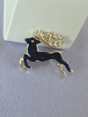 Vintage Brooch Pin Deer Reindeer Black Blue Enamel Gold tone