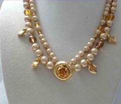 VTG Double Strand Creamy Beige Faux Pearls Honey Amber Rhinestone Bead Necklace