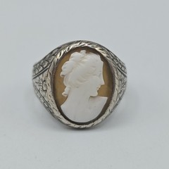 Vintage 925 Sterling Silver Shell Cameo Ring Hand‑Carved Portrait Sz 10.75