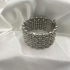 Vintage 90s Silver Tone Multi Row Bead Clear Glass Wide Cuff Statement Bracelet