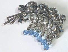 Vintage Pot Metal Floral Spray Brooch w/ Blue Rhinestones & Blue Dangling Beads